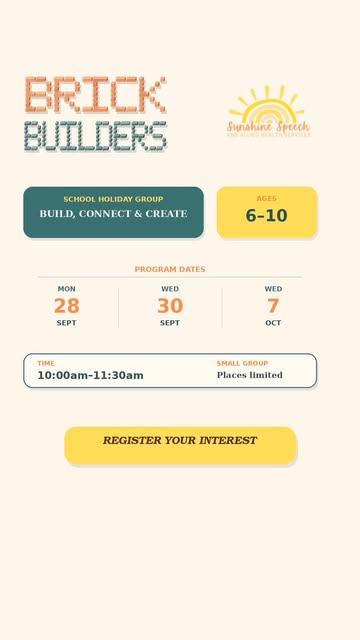 Brick Builders school holiday group flyer for children aged 6 to 10