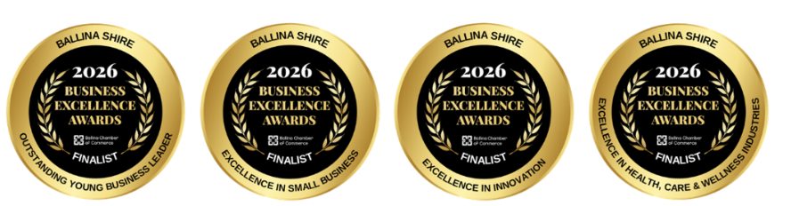 Four 2026 Ballina Shire Business Excellence Awards finalist badges for Outstanding Young Business Leader, Excellence in Small Business, Excellence in Innovation, and Excellence in Health, Care and Wellness Industries